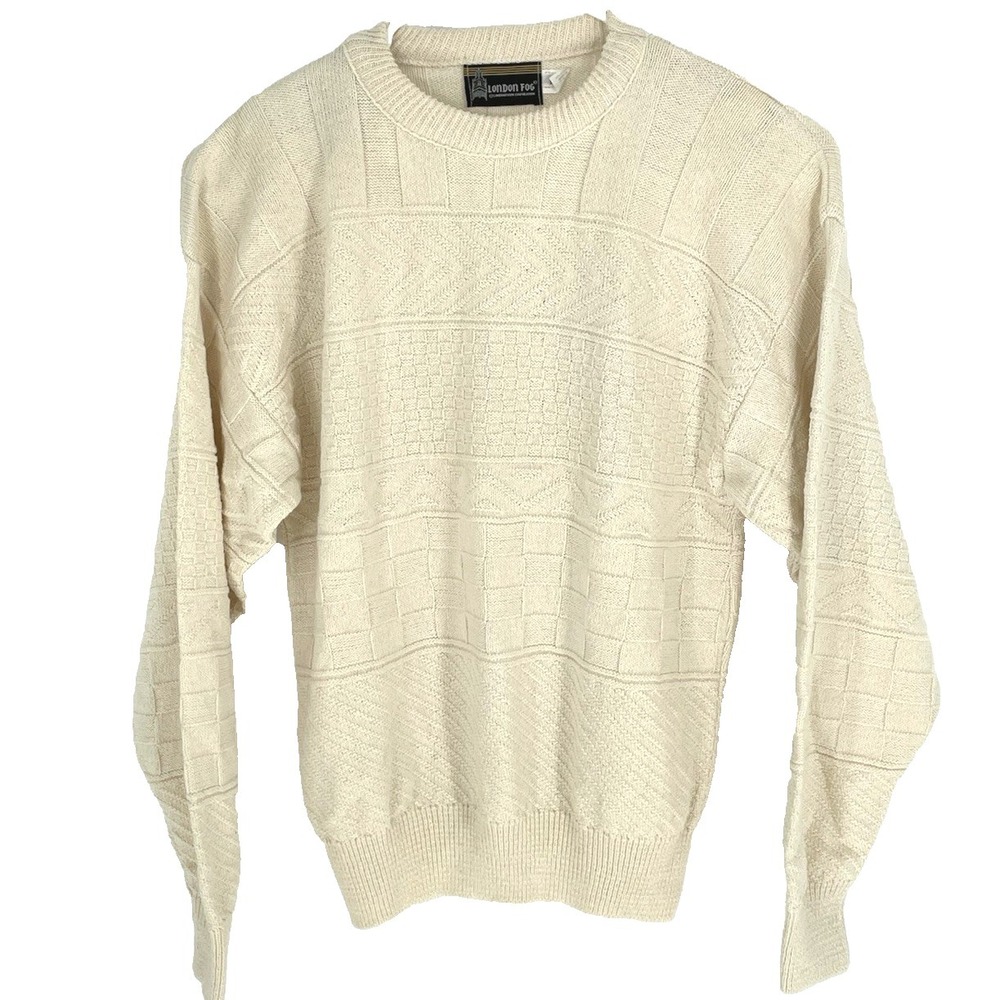 VTG London Fog  Men's XL Y2K Fisherman Textured Sweater Cotton Ivory USA Made